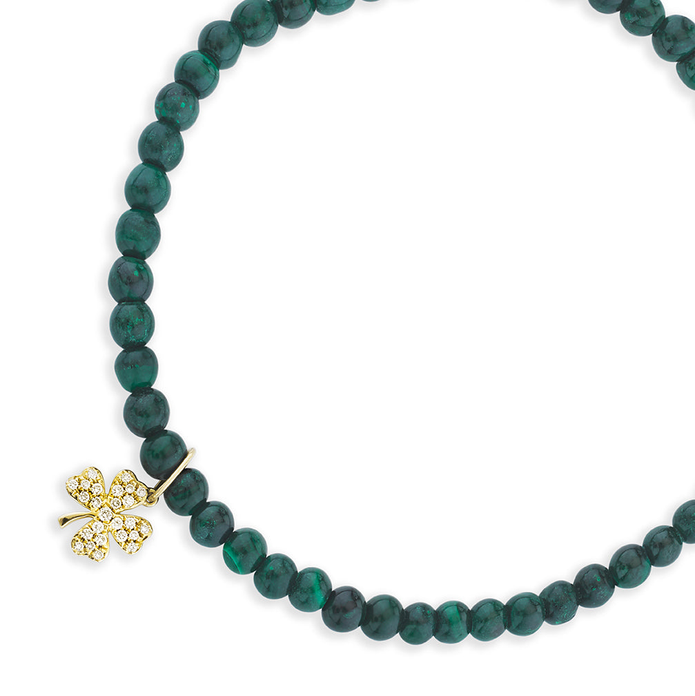 14K Yellow Gold Malachite Four Leaf Clover Necklace, Irish Lucky Charm