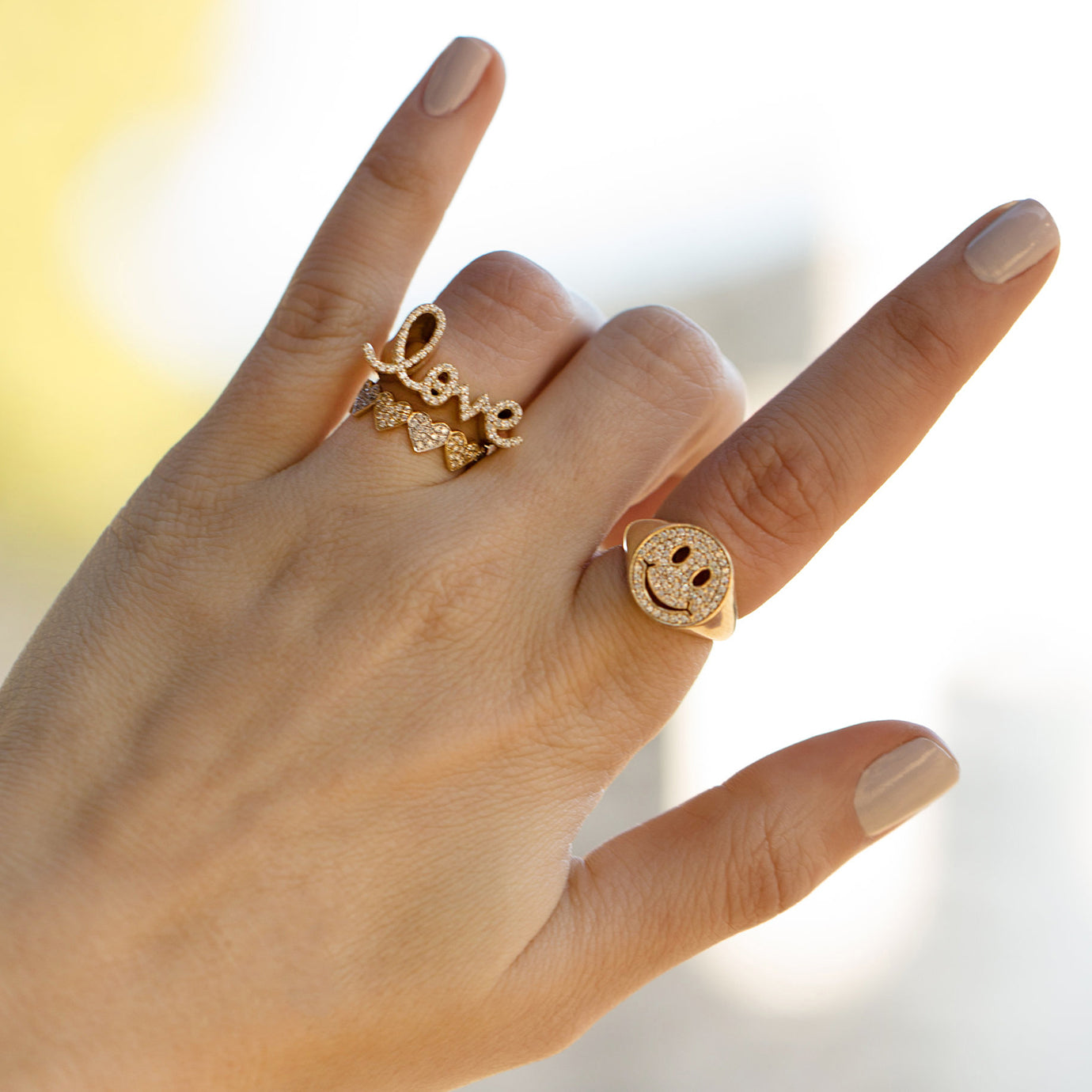 Gold & Diamond Love Script Block Signet Ring