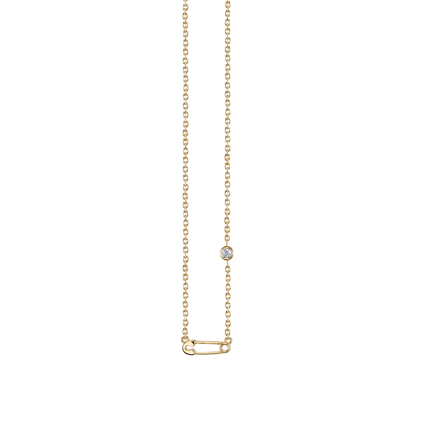 Gold Plated Sterling Silver Safety Pin Necklace with Bezel Set Diamond