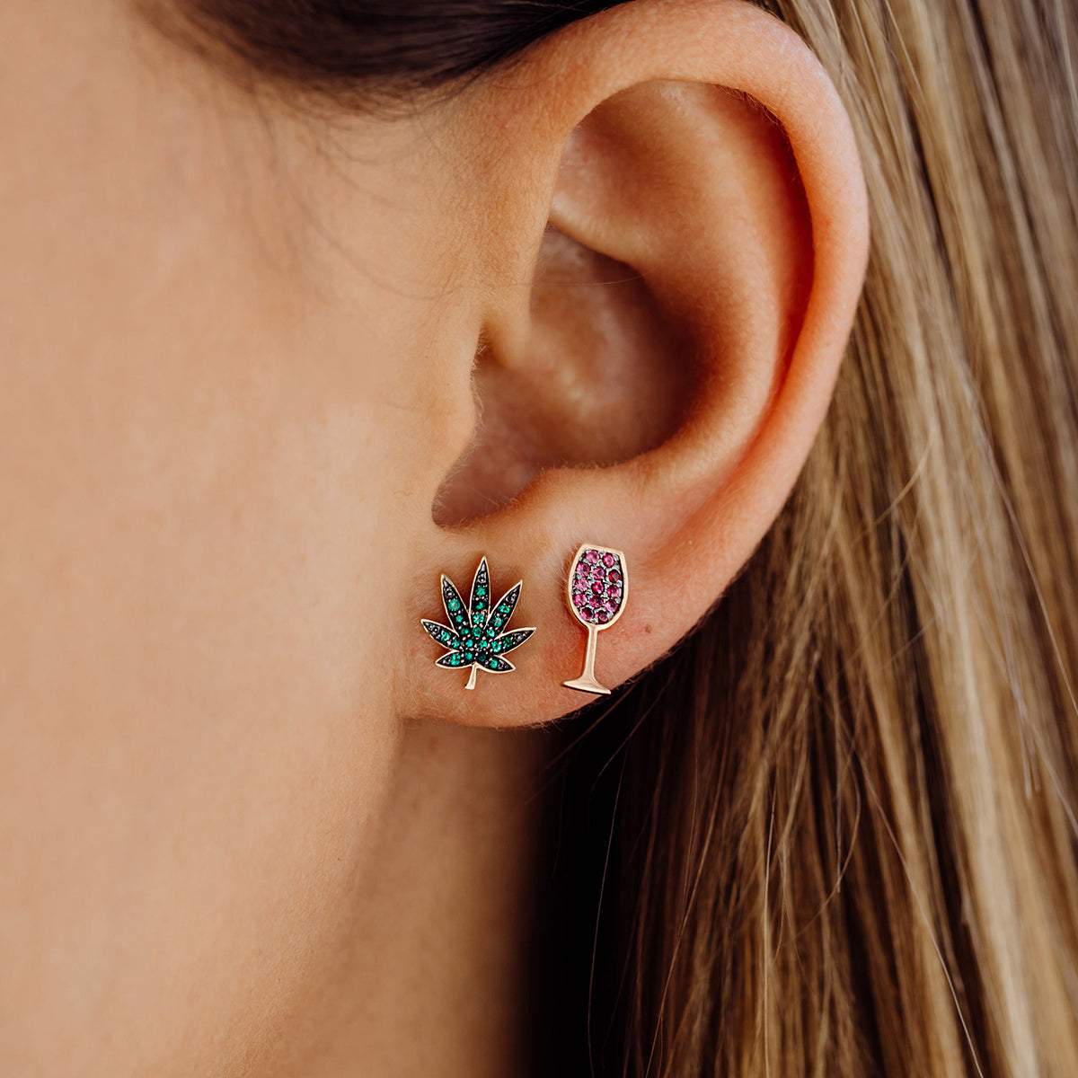 Single Leaf Lily Artisan Pave Stud Earrings