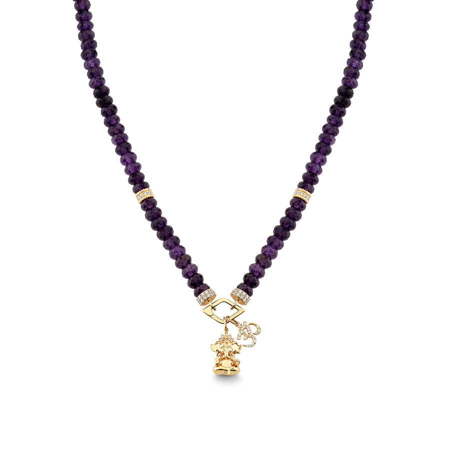 Gold & Diamond Ganesha and Pave Om Charms on GS Clip with Pave Rondelles and Bead Caps on Amethyst Beaded Necklace Combo - Sydney Evan Fine Jewelry