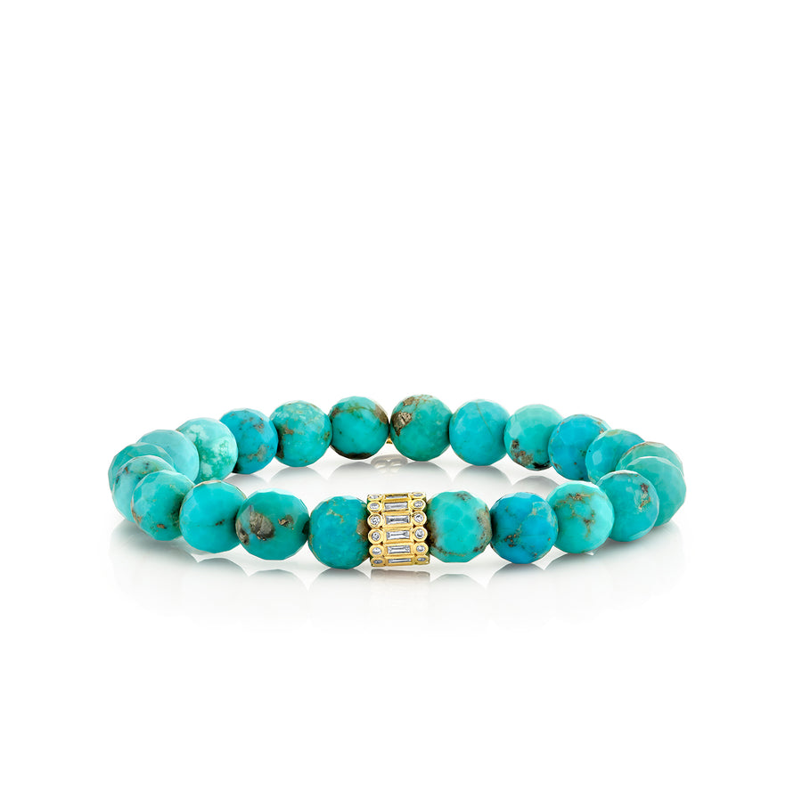 Gold & Diamond Baguette and Round Bezel Stacked Rondelle on Matrix Turquoise - Sydney Evan Fine Jewelry