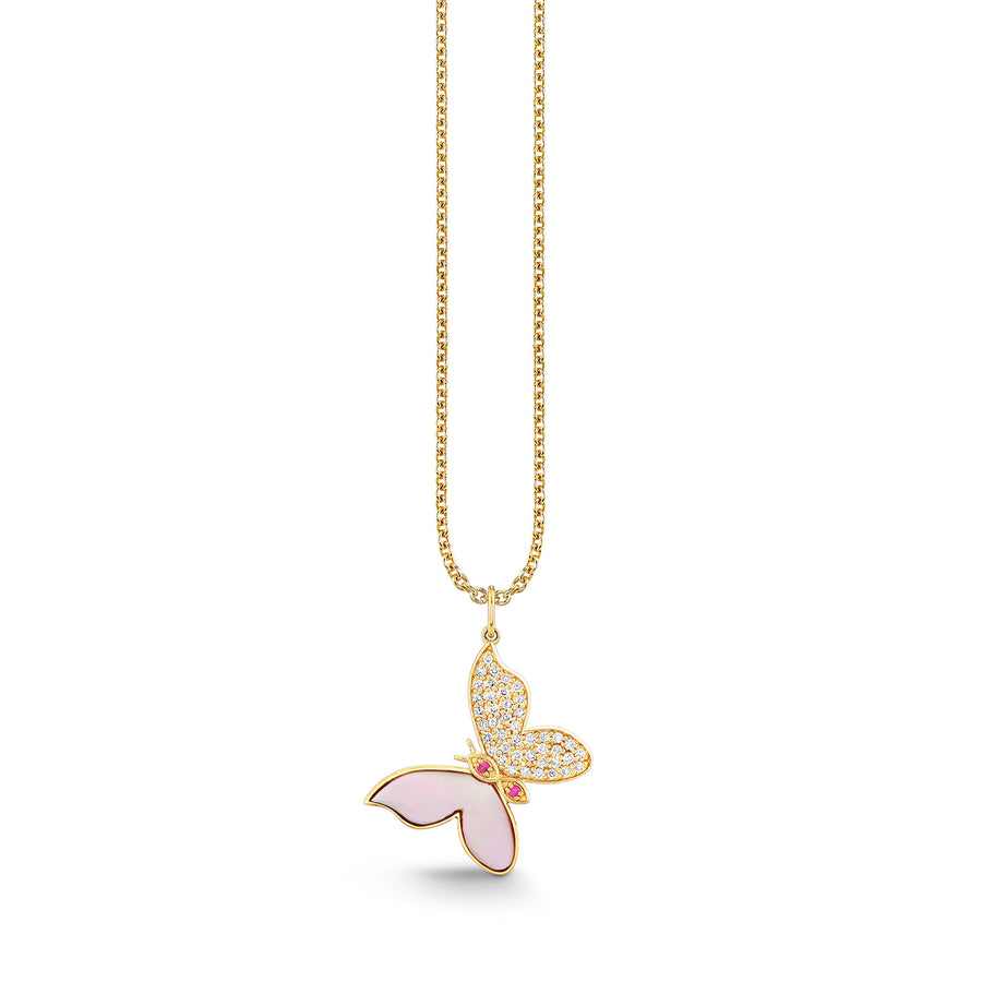 Gold, Diamond, Mother of Pearl & Pink Sapphire Wicked Glinda Tone Inlay Pave Butterfly Charm - Sydney Evan Fine Jewelry