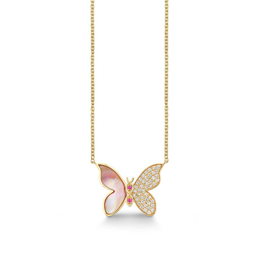 Gold, Diamond, Pink Sapphire & Mother of Pearl Wicked Glinda Stone Inlay Pave Butterfly Necklace - Sydney Evan Fine Jewelry