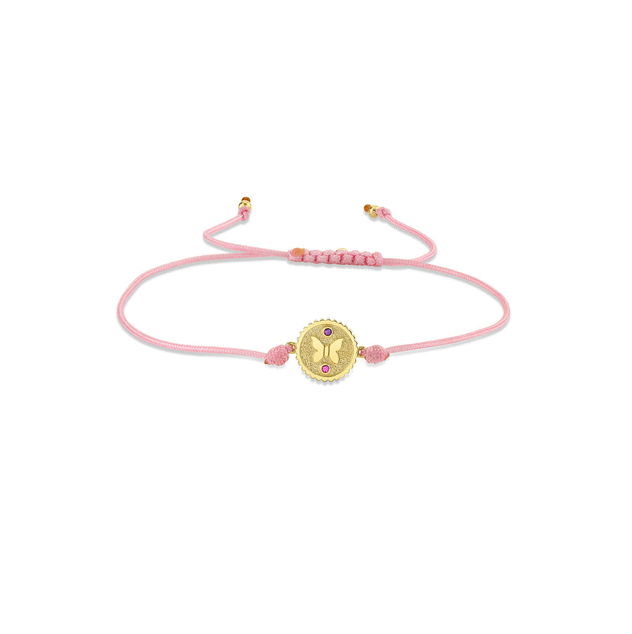 Gold, Pink Sapphire & Amethyst Wicked Glinda Butterfly Tiny Coin on Pink Cord Bracelet - Sydney Evan Fine Jewelry