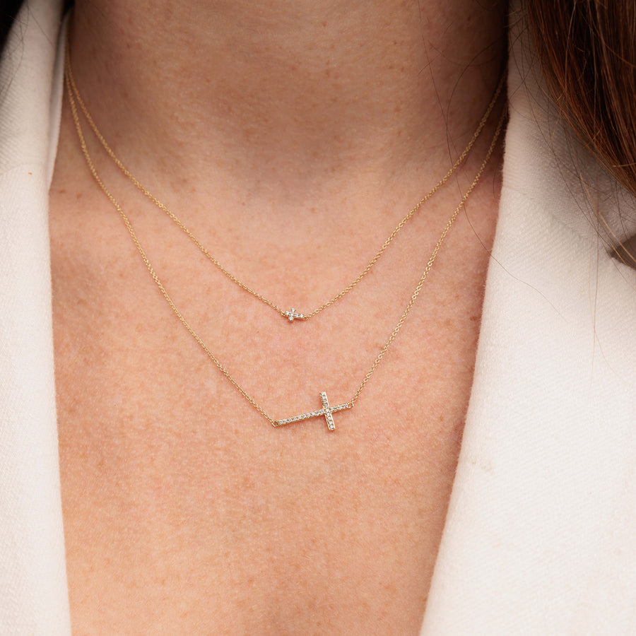 Gold & Pavé Diamond Medium Sideways Cross Necklace - Sydney Evan Fine Jewelry