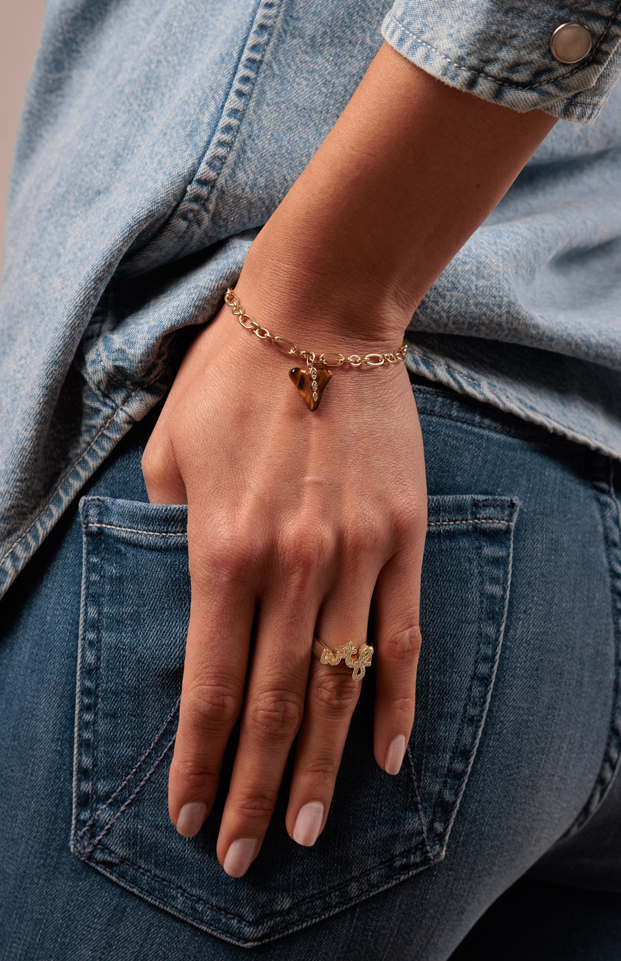 Gold & Diamond Marquise Eye Carved Stone Shark Tooth Bracelet - Sydney Evan Fine Jewelry