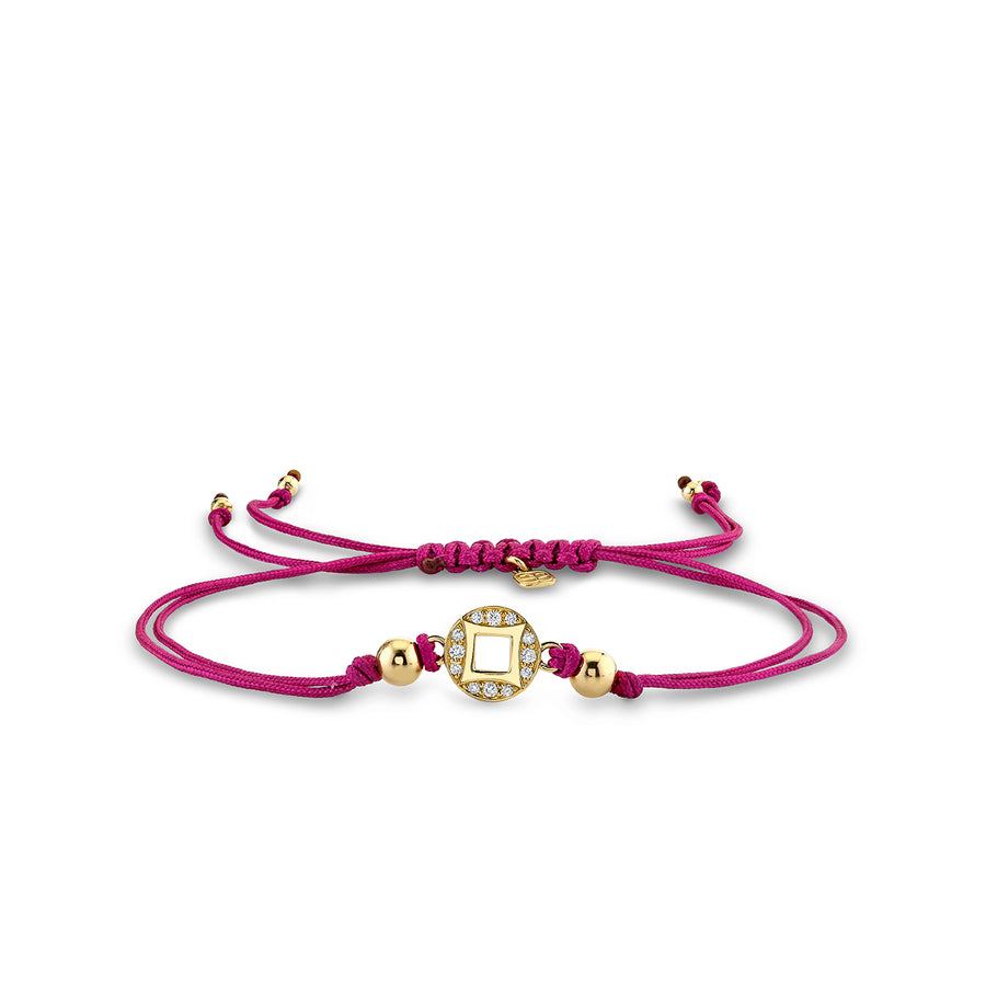 Gold & Diamond Lucky Coin Cord on Raspberry Cord Bracelet - Sydney Evan Fine Jewelry