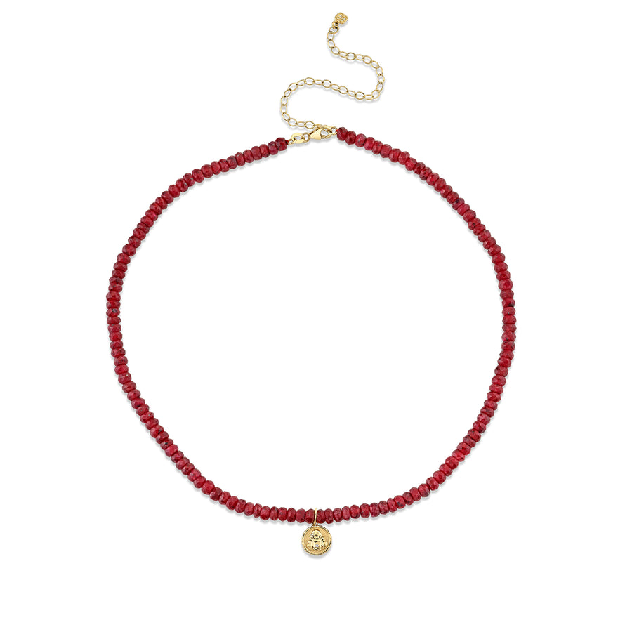 Gold & Diamond Tiny Sitting Buddha Coin on Ruby Bead Choker - Sydney Evan Fine Jewelry