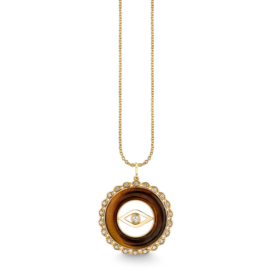 Gold, Diamond & Tiger Eye Evil Eye Stone Pendant - Sydney Evan Fine Jewelry