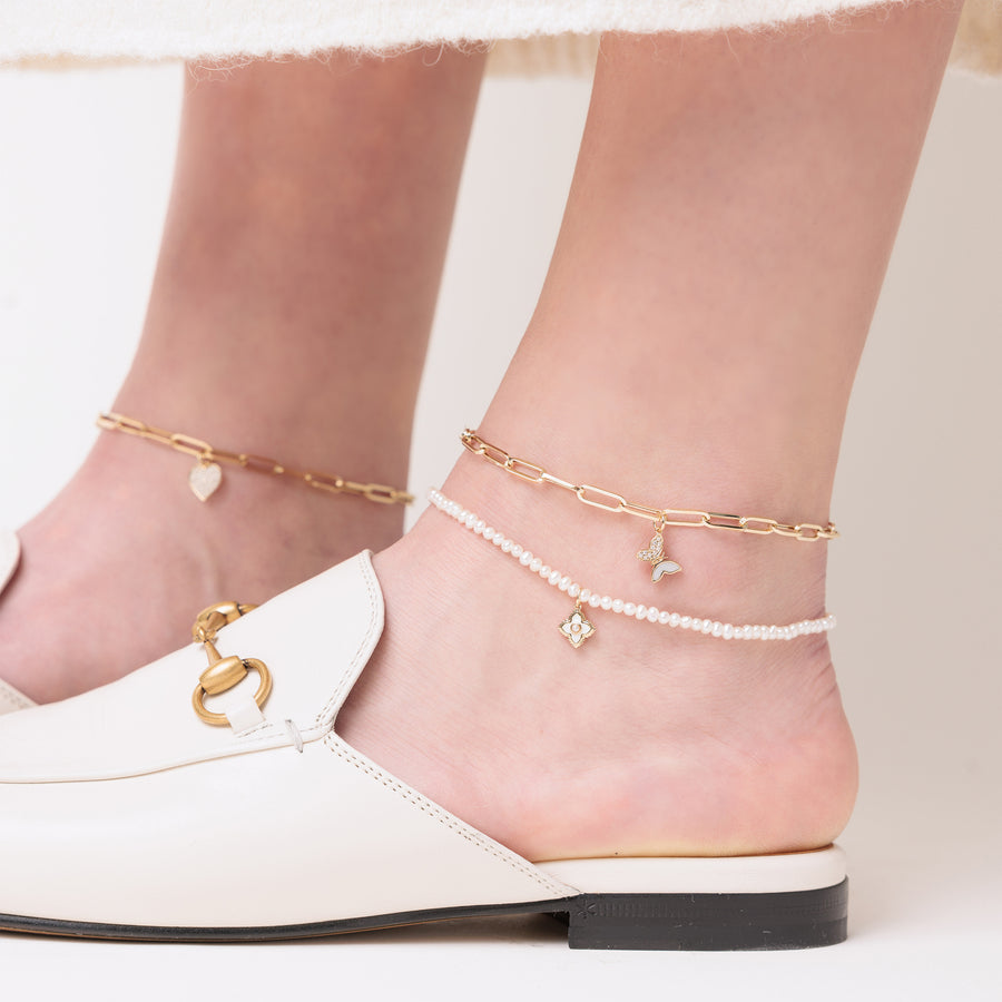 Gold & Pearl Mini Moroccan Flower Anklet on Fresh Water Pearls - Sydney Evan Fine Jewelry