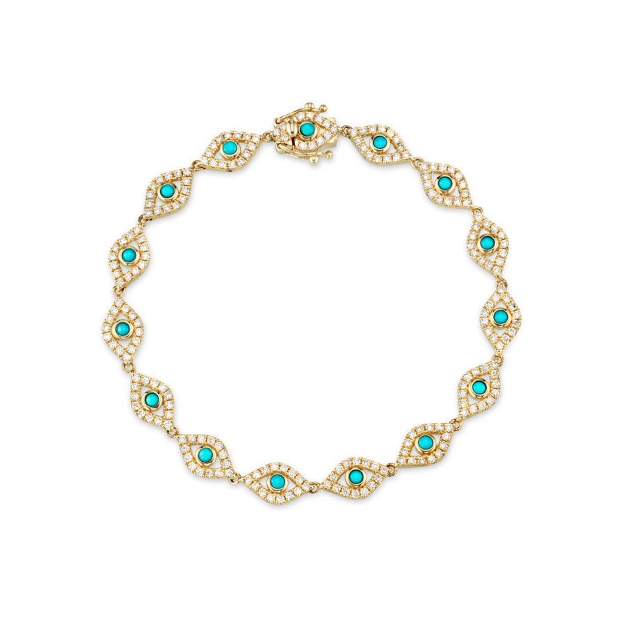 Gold & Diamond Bezel Evil Eye Link Bracelet with Turquoise Center - Sydney Evan Fine Jewelry