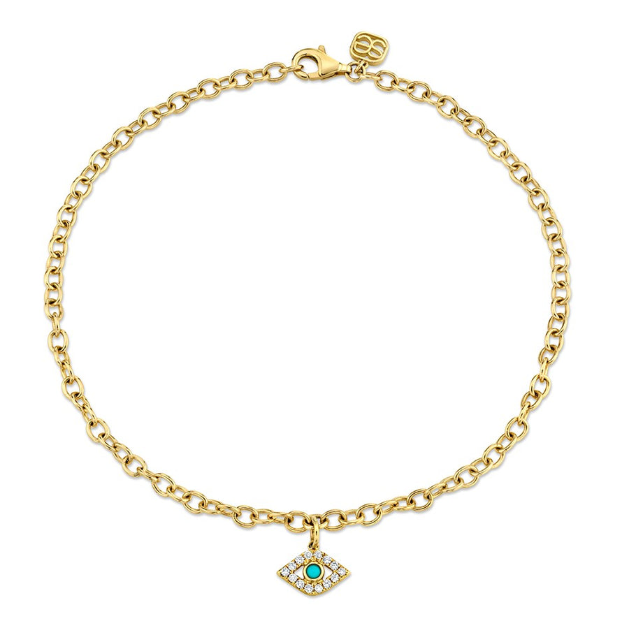 Gold & Diamond Bezel Evil Eye Anklet with Turquoise - Sydney Evan Fine Jewelry