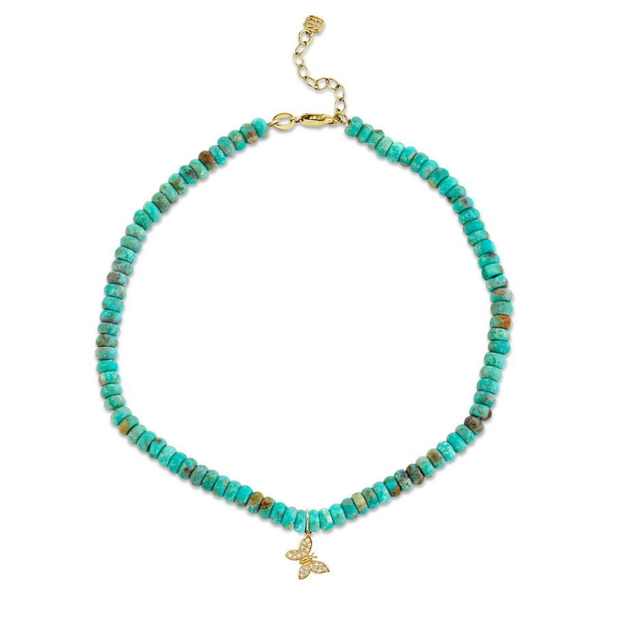 Gold & Diamond Tiny Butterfly on Natural Turquoise Anklet - Sydney Evan Fine Jewelry