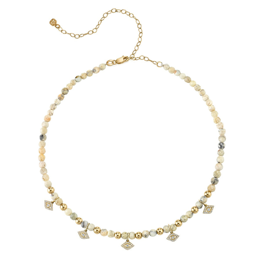 Gold & Diamond Multi Bezel Evil Eye Charm Necklace on African Opal - Sydney Evan Fine Jewelry
