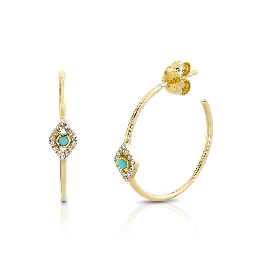 Gold & Diamond Bezel Evil Eye With Turquoise Hoops - Sydney Evan Fine Jewelry