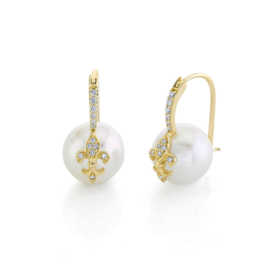 Gold & Diamond Fleur de Lis Pearl Earrings - Sydney Evan Fine Jewelry