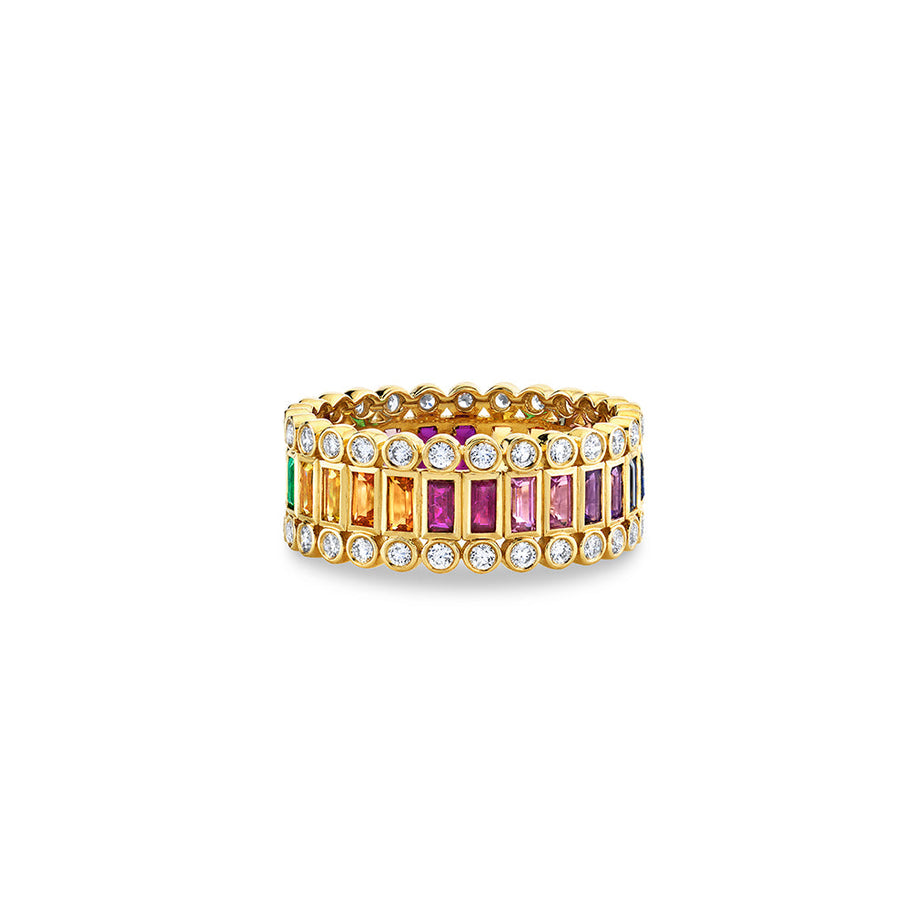 Gold & Rainbow Baguette & Round Bezel Stacked Eternity Ring - Sydney Evan Fine Jewelry