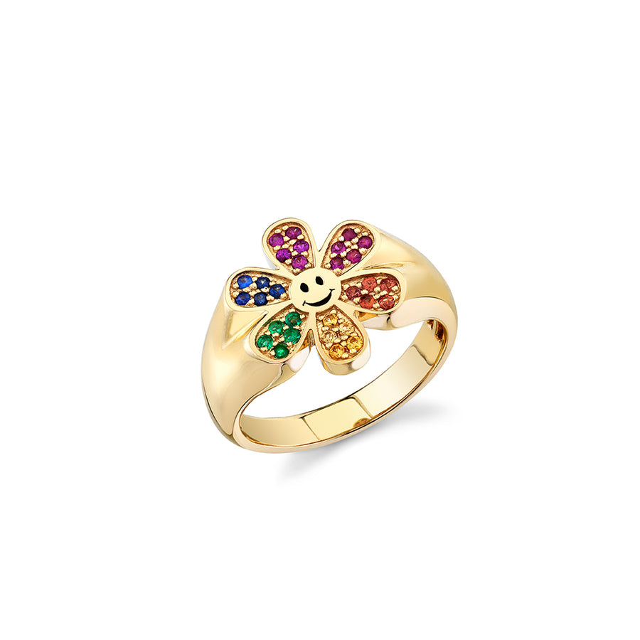 Gold & Rainbow Daisy Happy Face Signet Ring - Sydney Evan Fine Jewelry