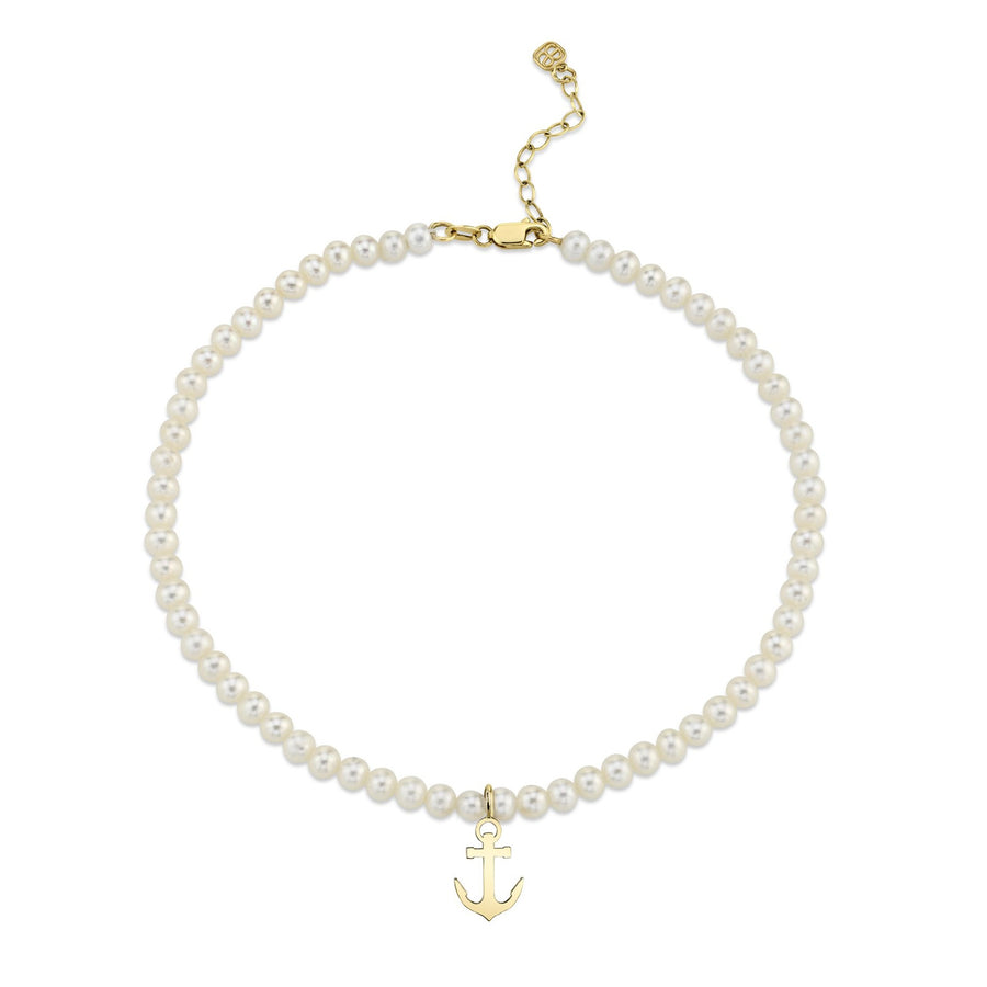Pure Gold Tiny Anchor Anklet on Fresh Water Pearls - Sydney Evan Fine Jewelry