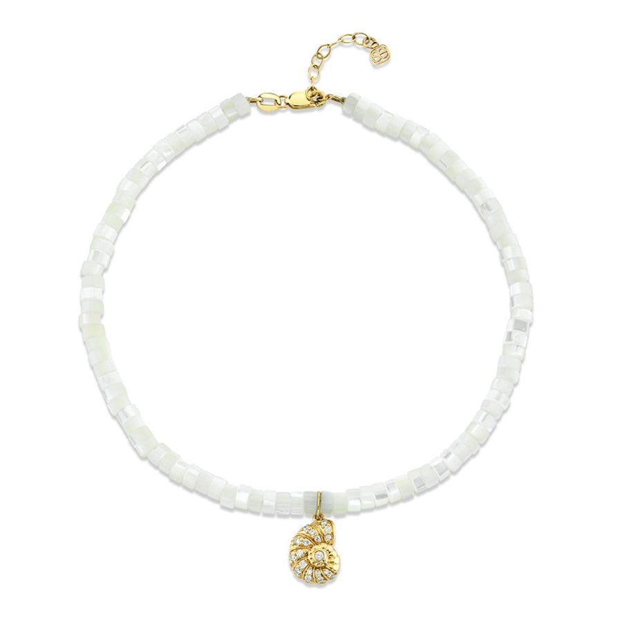 Gold & Diamond Small Nautilus Shell Anklet on Mother of Pearl Heishi - Sydney Evan Fine Jewelry