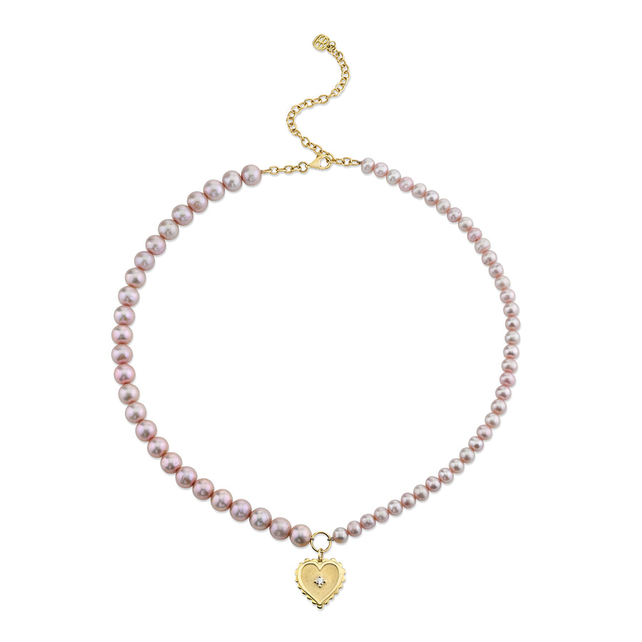 Gold & Diamond Scallop Trim Heart Charm Necklace on Pink Pearl - Sydney Evan Fine Jewelry