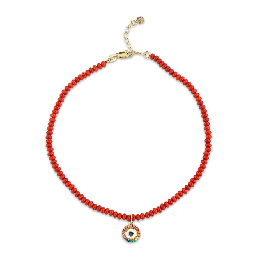 Gold & Rainbow Evil Eye Red Bamboo Coral Anklet - Sydney Evan Fine Jewelry