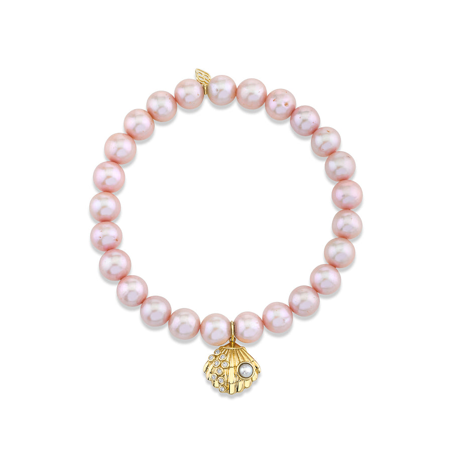 Gold & Diamond Pearl Small Clam Shell on Rose Freshwater Pearl - Sydney Evan Fine Jewelry