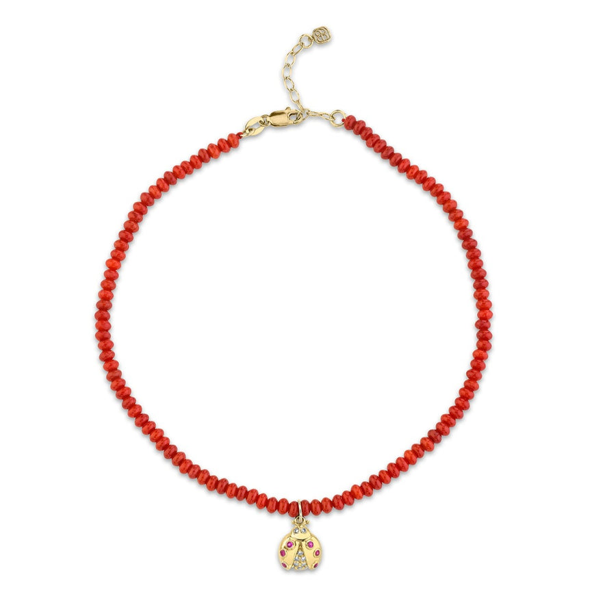 Gold & Diamond Ladybug Red Bamboo Coral Anklet - Sydney Evan Fine Jewelry