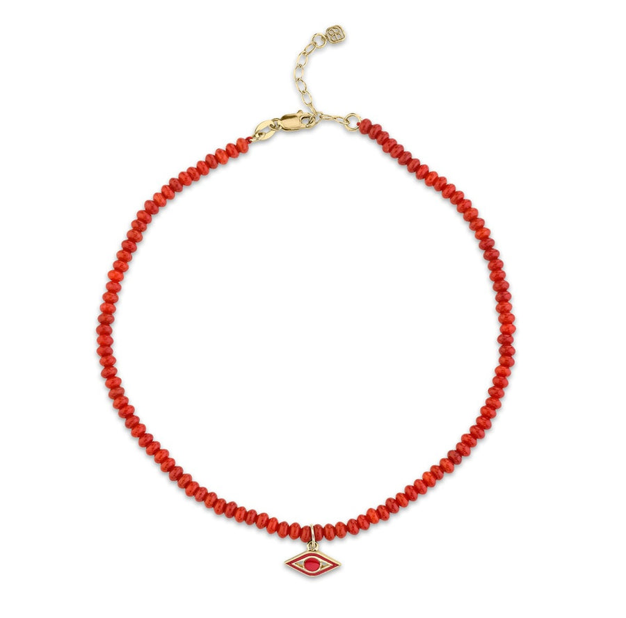 Gold & Enamel Tiny Evil Eye Red Bamboo Coral Anklet - Sydney Evan Fine Jewelry
