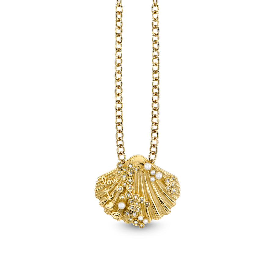 Gold & Diamond Pearl Large Scallop Shell Icons Necklace - Sydney Evan Fine Jewelry