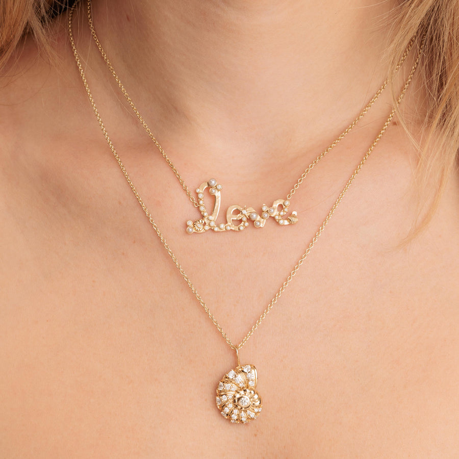 Gold & Diamond Shells Love Script Necklace - Sydney Evan Fine Jewelry