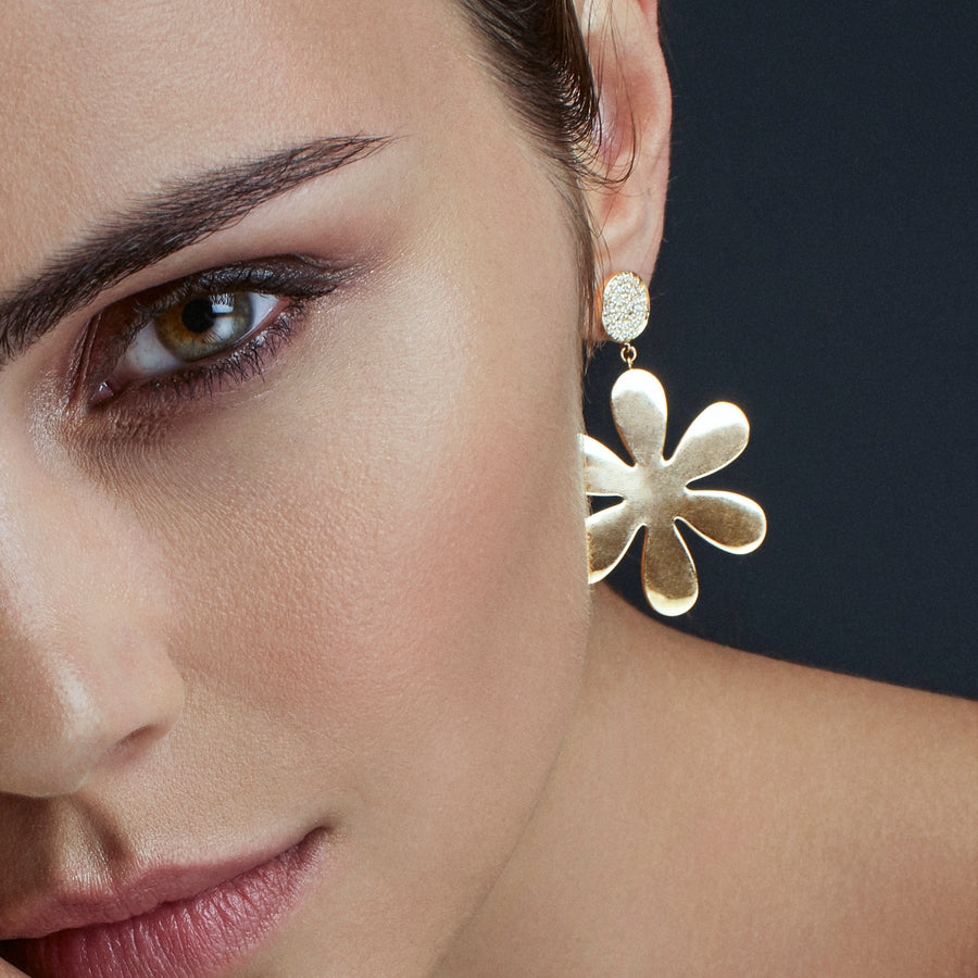 Gold Pure Large Daisy Drop Earrings with Pavé Diamond Tops - Sydney Evan Fine Jewelry