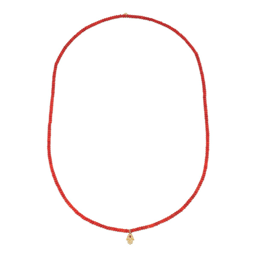 Gold & Diamond Mini Hamsa Necklace on Red Bamboo Coral - Sydney Evan Fine Jewelry